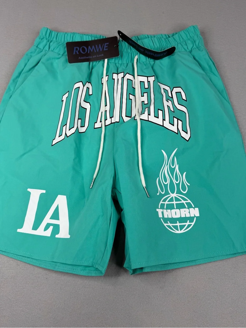 ROMWE Los Angeles LA Graphic Basketball Shorts Teal Drawstring Men’s M NWT